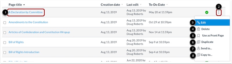 Page options from the Canvas page index