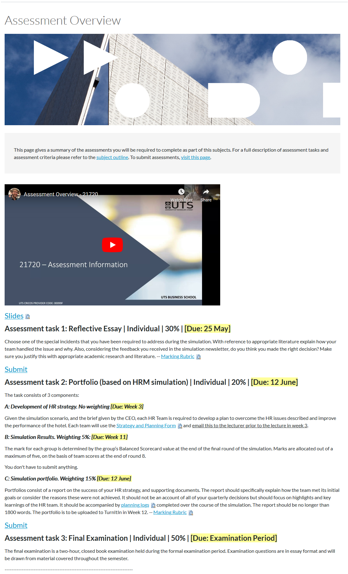 A Canvas page displaying an assessment overview of the subject, including a short video to provide information and advice for each task.