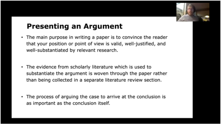 A slide in the video outlining how to present an argument in a literature paper.