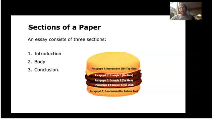 A slide in the video outlining the 3 sections of a paper.