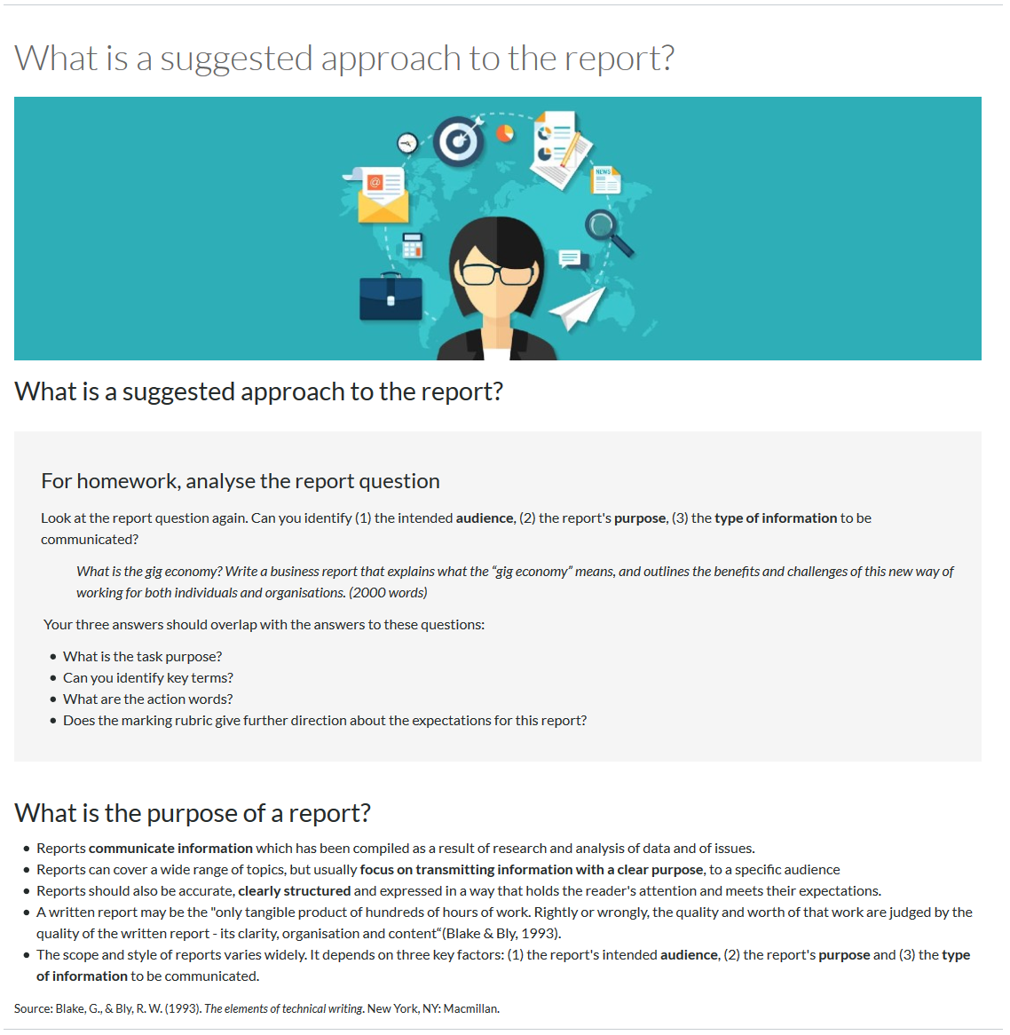 A page example guiding students the suggested approach to an assigned report assessment. This is broken down by the page being sectioned by how to analyse the report question, and the purpose of a report.