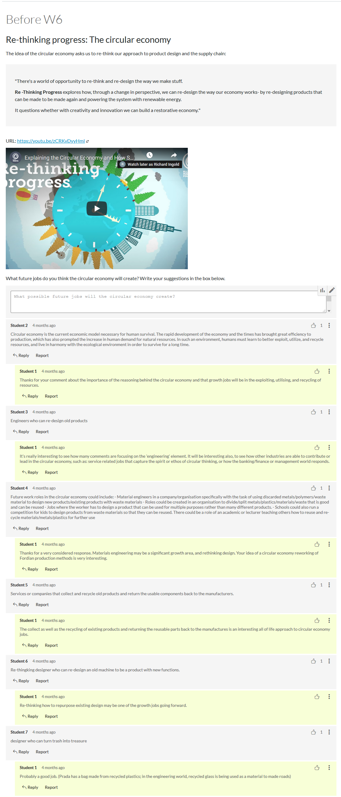 A week 6 Canvas page including a topic video, as well as a comments box below so that students can engage and contribute feedback.