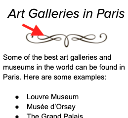 snippet of text titled 'art galleries in paris', red arrow pointing at swirly decoration beneath heading. 