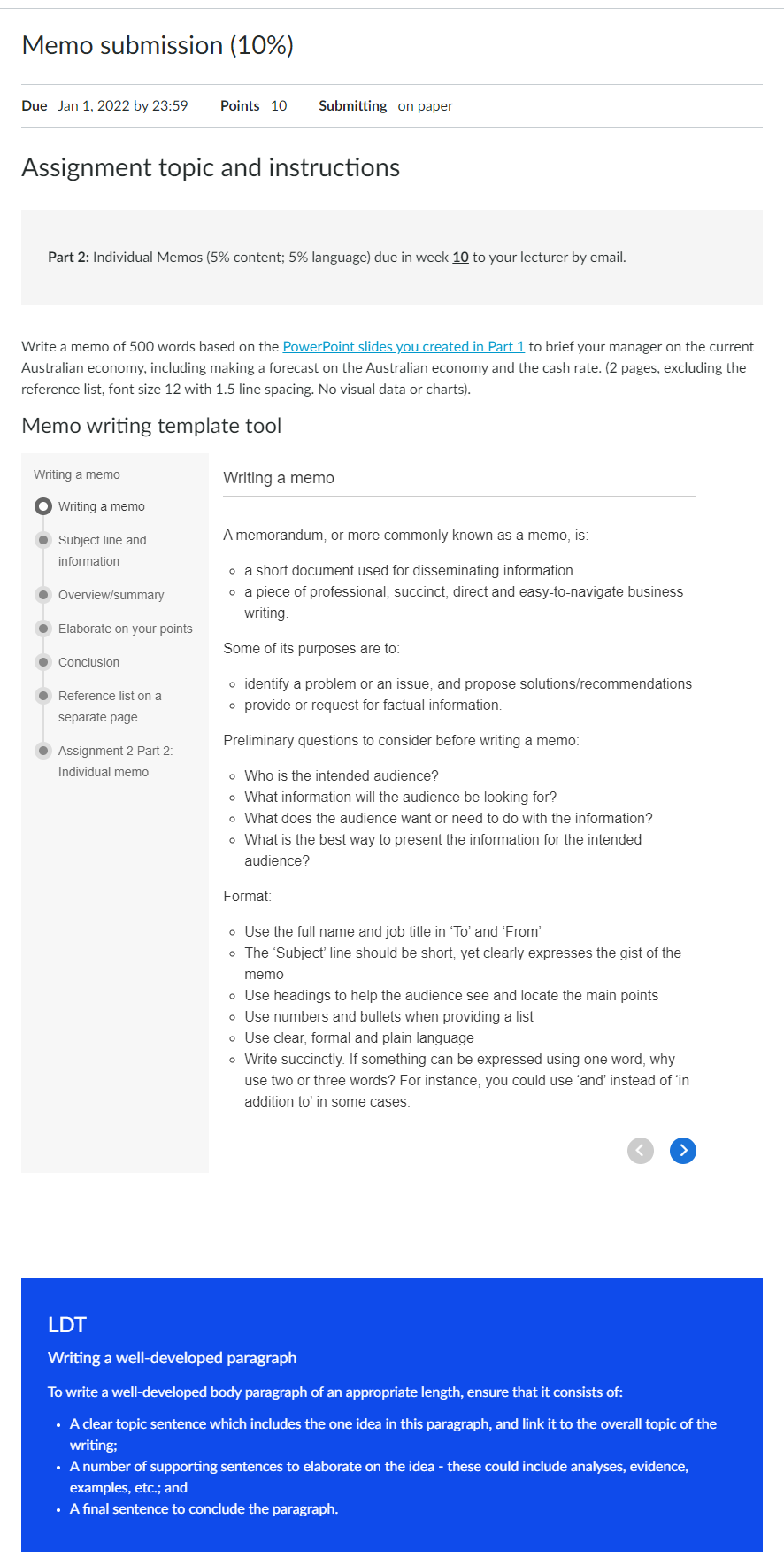 A Canvas assignment page with the first stage of an embedded interactive documentation tool describing how to write a memorandum.